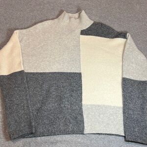 CYNTHIA Rowley grey and cream color block wool blend sweater.